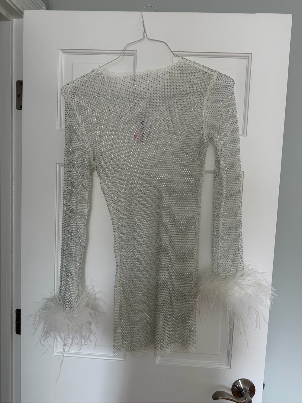 White Sheer Mini Dress with Feather Cuffs